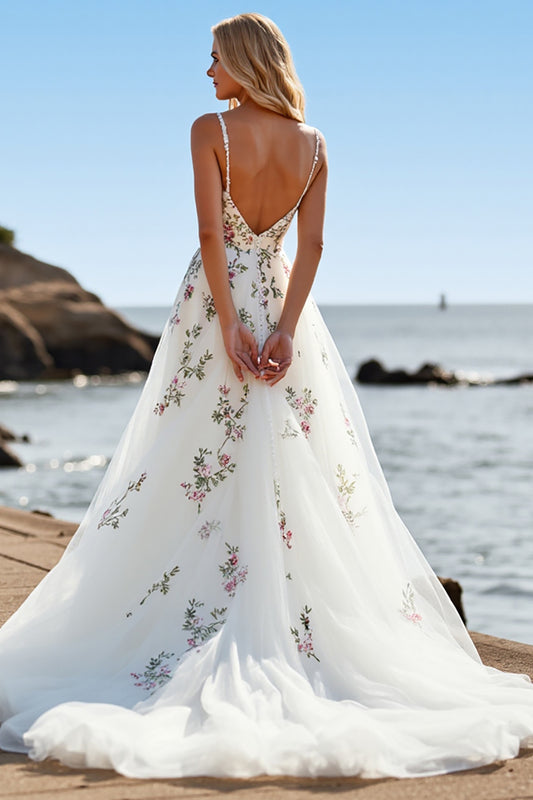 A Line Floral Tulle White Sweep Train Wedding Dress