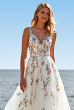 A Line Floral Tulle White Sweep Train Wedding Dress