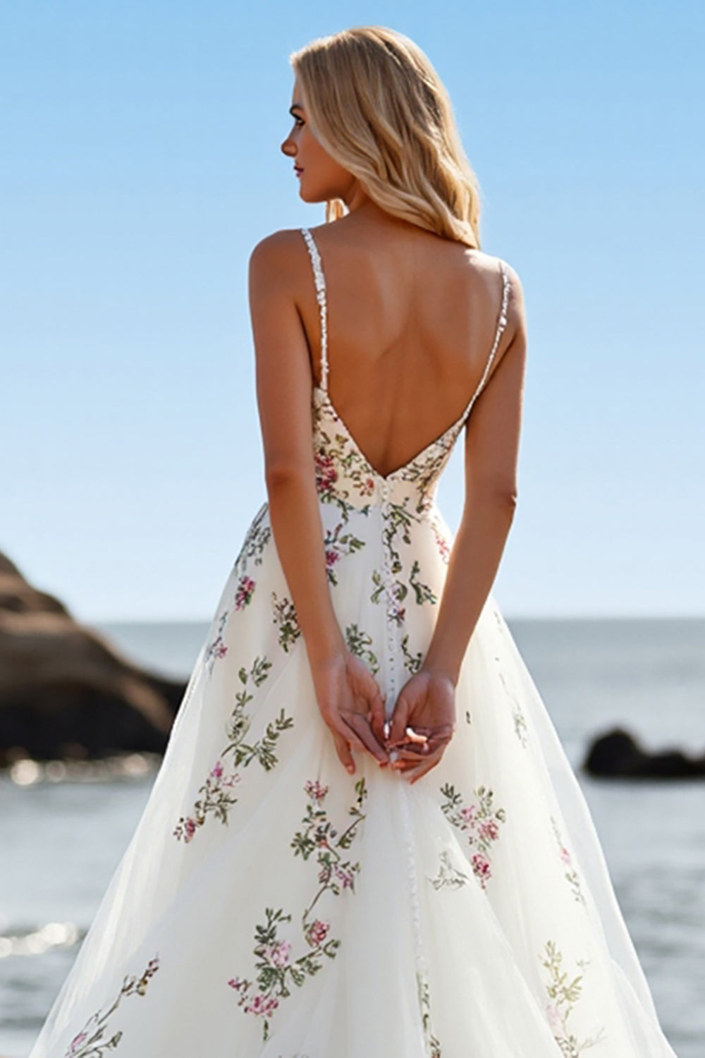 A Line Floral Tulle White Sweep Train Wedding Dress