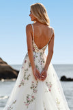 A Line Floral Tulle White Sweep Train Wedding Dress