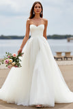Sweetheart  White Tulle Ball Gown Sweep Train Wedding Dress