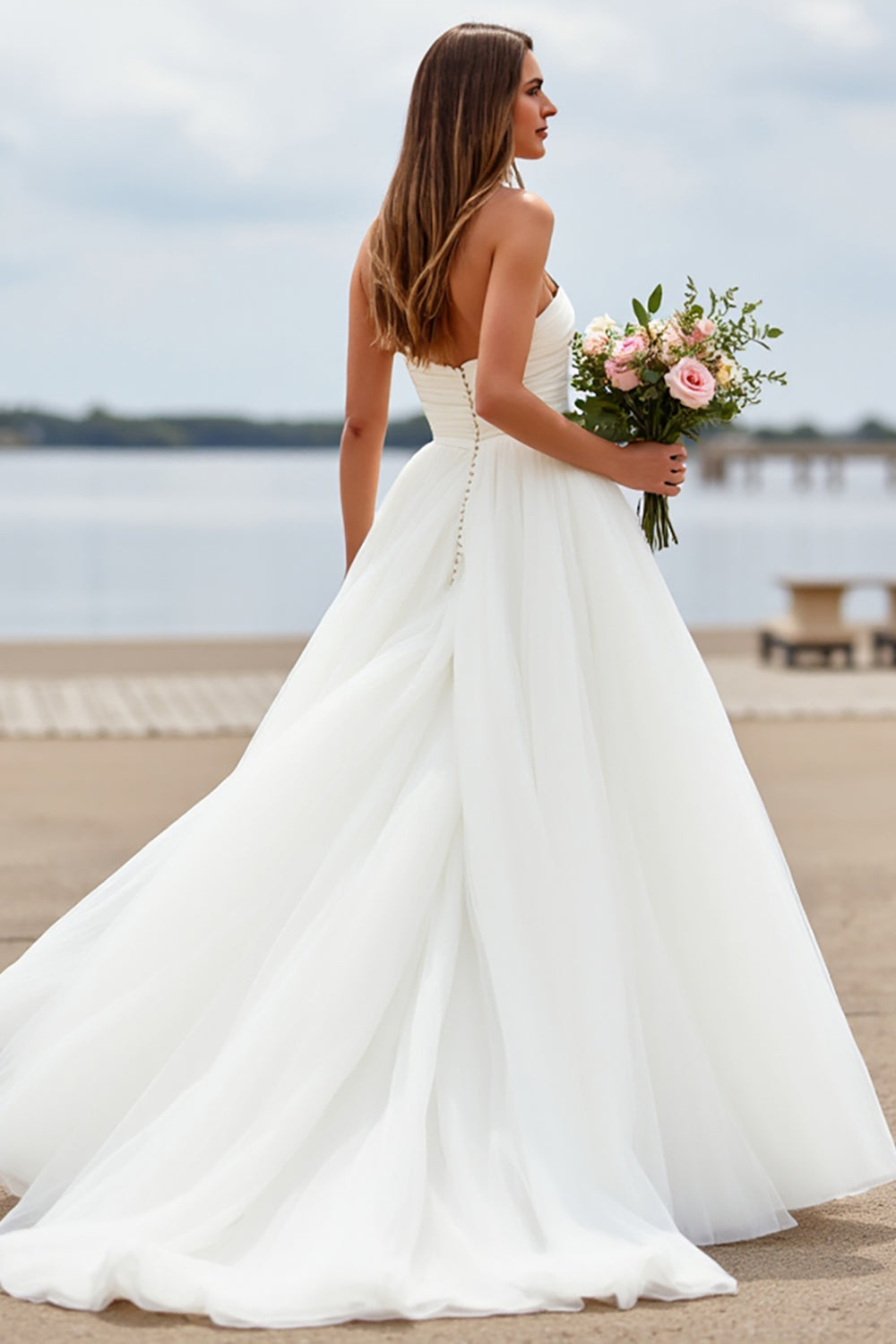 Sweetheart  White Tulle Ball Gown Sweep Train Wedding Dress