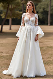 Tulle White Ball Gown Flare Sleeves Wedding Dress with Appliques