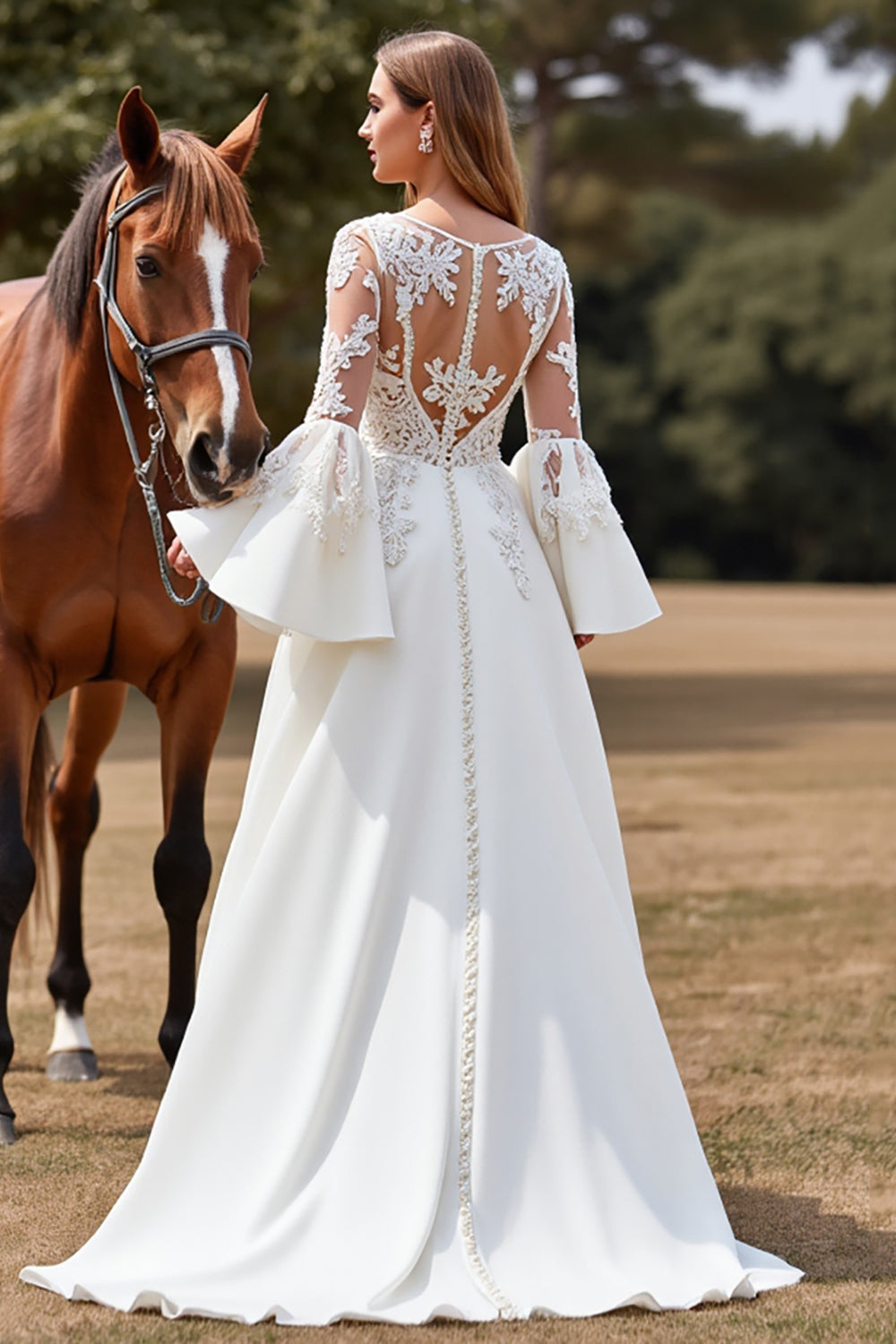Tulle White Ball Gown Flare Sleeves Wedding Dress with Appliques