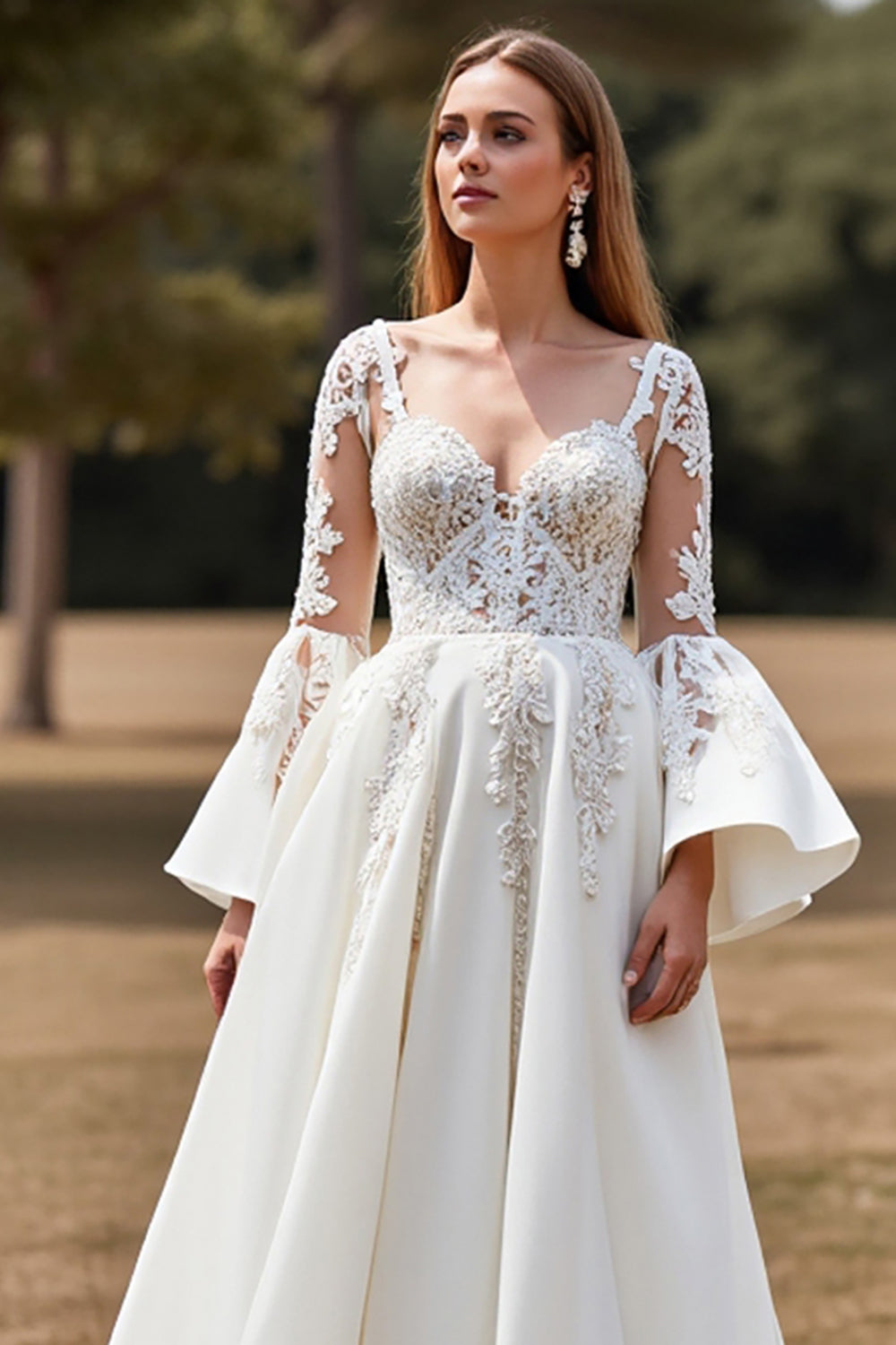 Tulle White Ball Gown Flare Sleeves Wedding Dress with Appliques