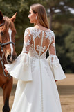 Tulle White Ball Gown Flare Sleeves Wedding Dress with Appliques