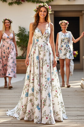 A Line Floral White V-Neck Sweep Train Wedding Dress