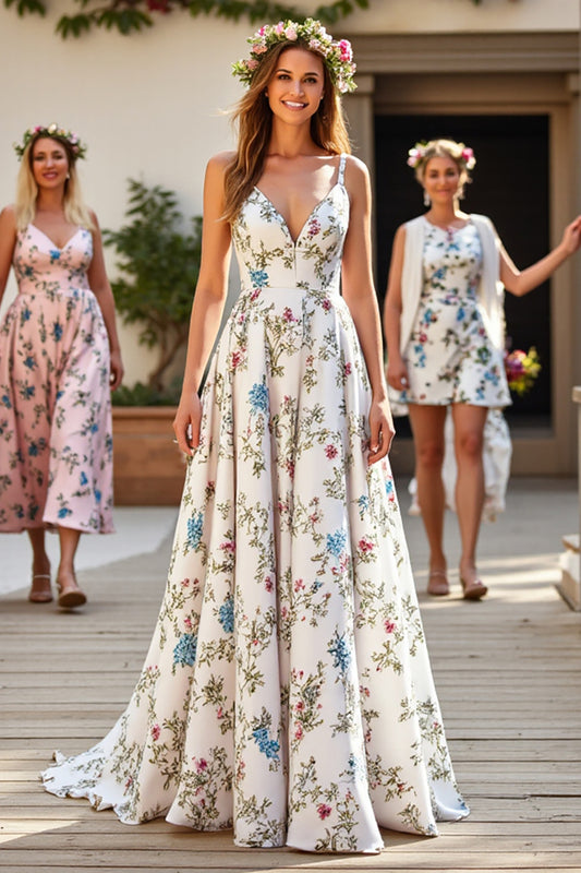 A Line Floral White V-Neck Sweep Train Wedding Dress