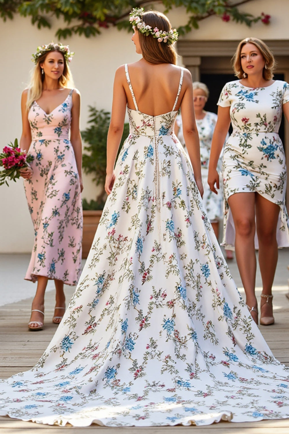 A Line Floral White V-Neck Sweep Train Wedding Dress