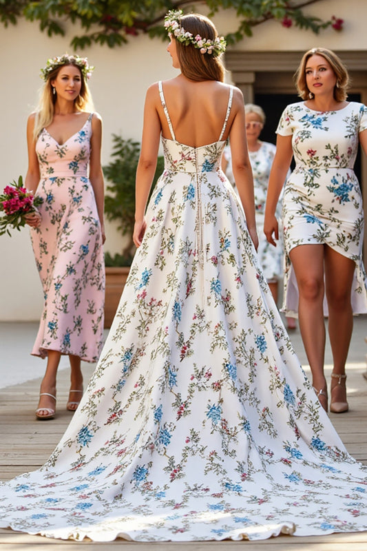 A Line Floral White V-Neck Sweep Train Wedding Dress