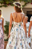 A Line Floral White V-Neck Sweep Train Wedding Dress
