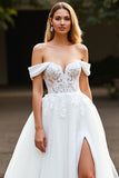 Ball Gown Tulle White Sweep Train Wedding Dress with Appliques
