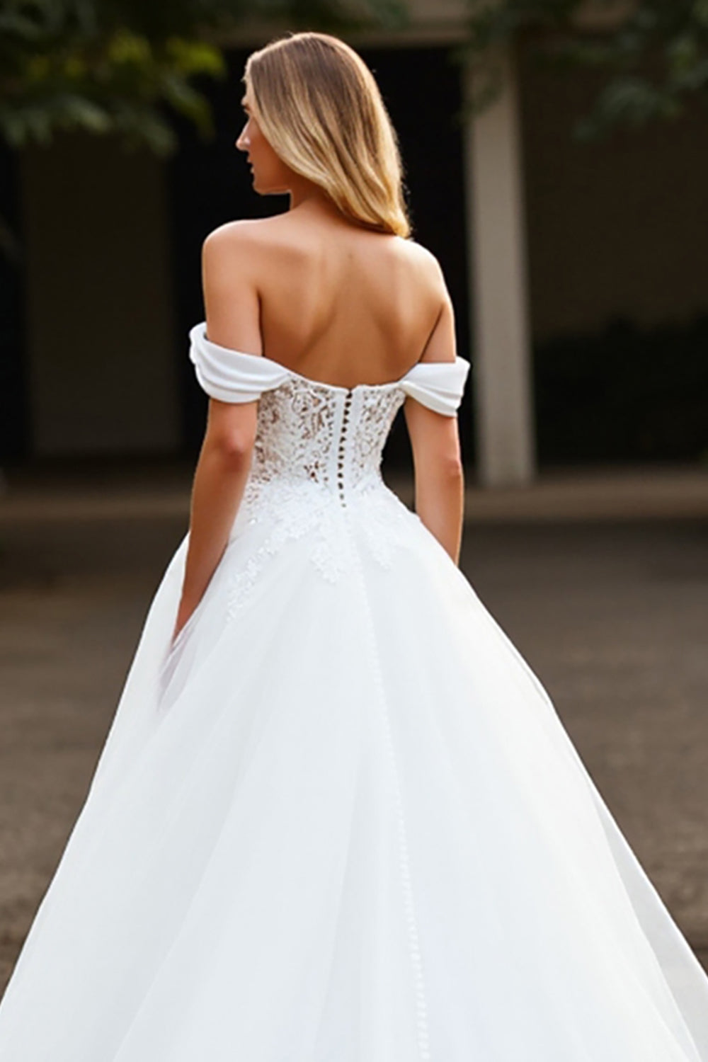 Ball Gown Tulle White Sweep Train Wedding Dress with Appliques