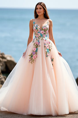Floral Ball Gown Tulle Blush Sweep Train Wedding Dress