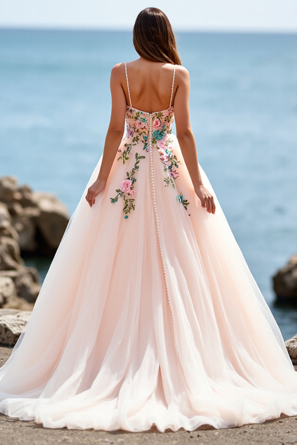 Floral Ball Gown Tulle Blush Sweep Train Wedding Dress
