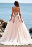 Floral Ball Gown Tulle Blush Sweep Train Wedding Dress