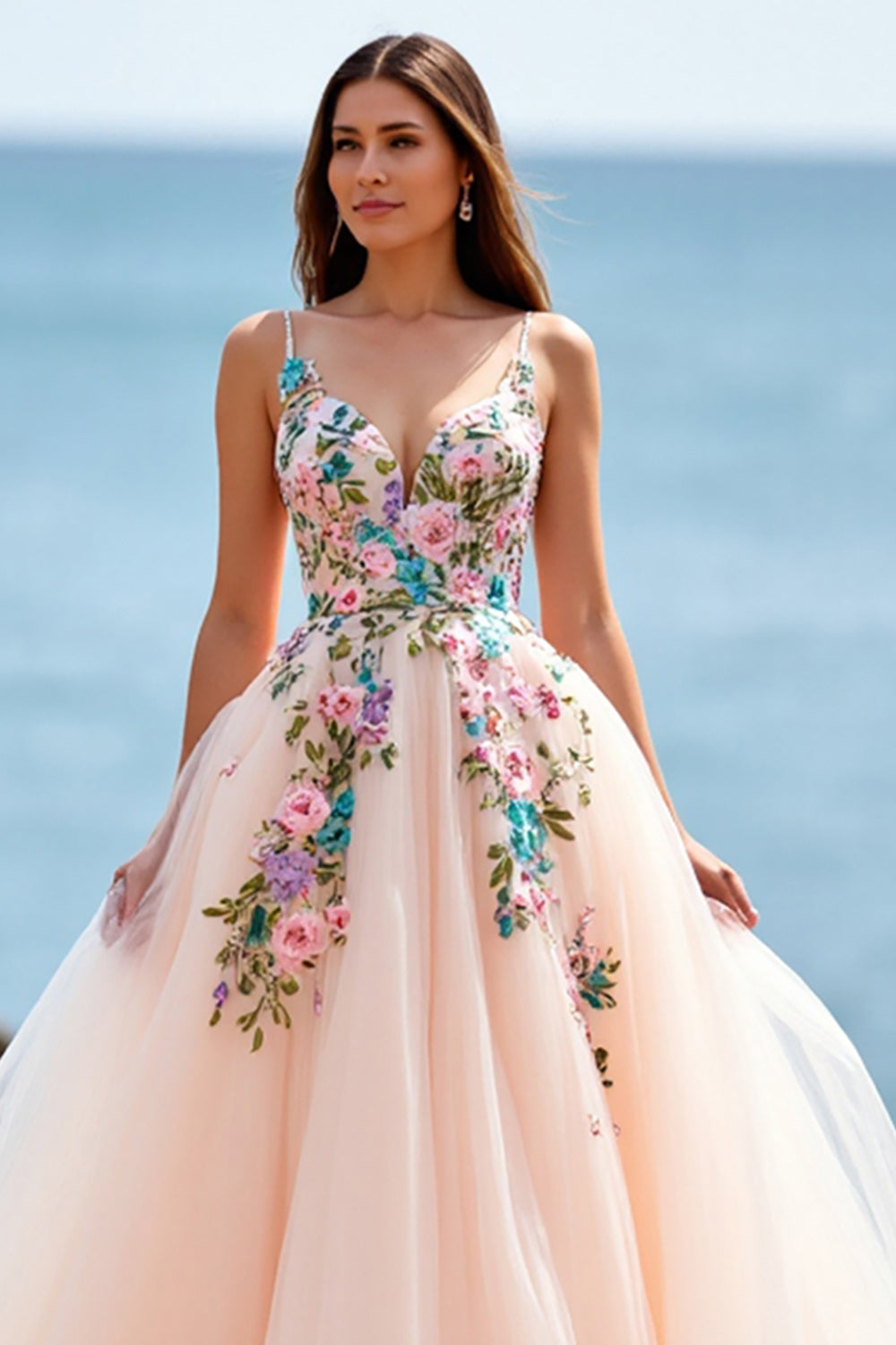 Floral Ball Gown Tulle Blush Sweep Train Wedding Dress
