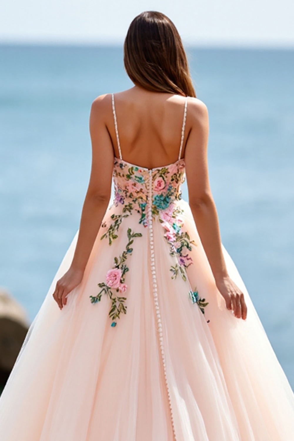 Floral Ball Gown Tulle Blush Sweep Train Wedding Dress