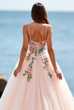 Floral Ball Gown Tulle Blush Sweep Train Wedding Dress