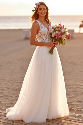 Chiffon White Boho Sweep Train Wedding Dress with Lace