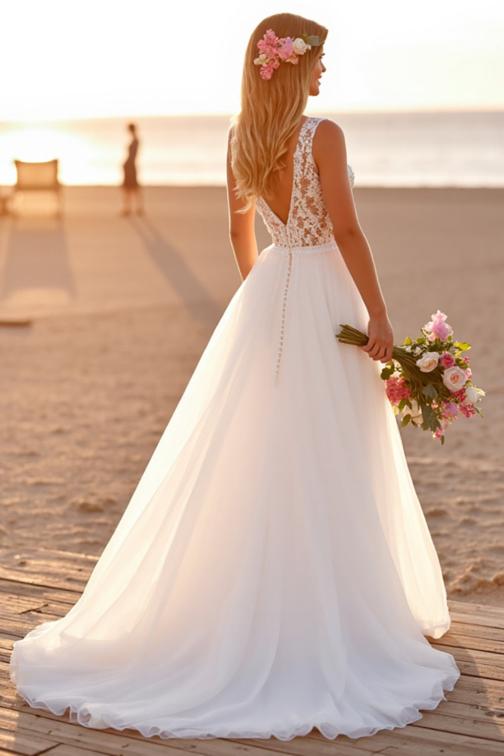 Chiffon White Boho Sweep Train Wedding Dress with Lace
