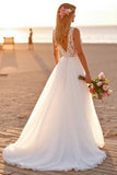Chiffon White Boho Sweep Train Wedding Dress with Lace
