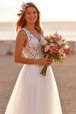 Chiffon White Boho Sweep Train Wedding Dress with Lace
