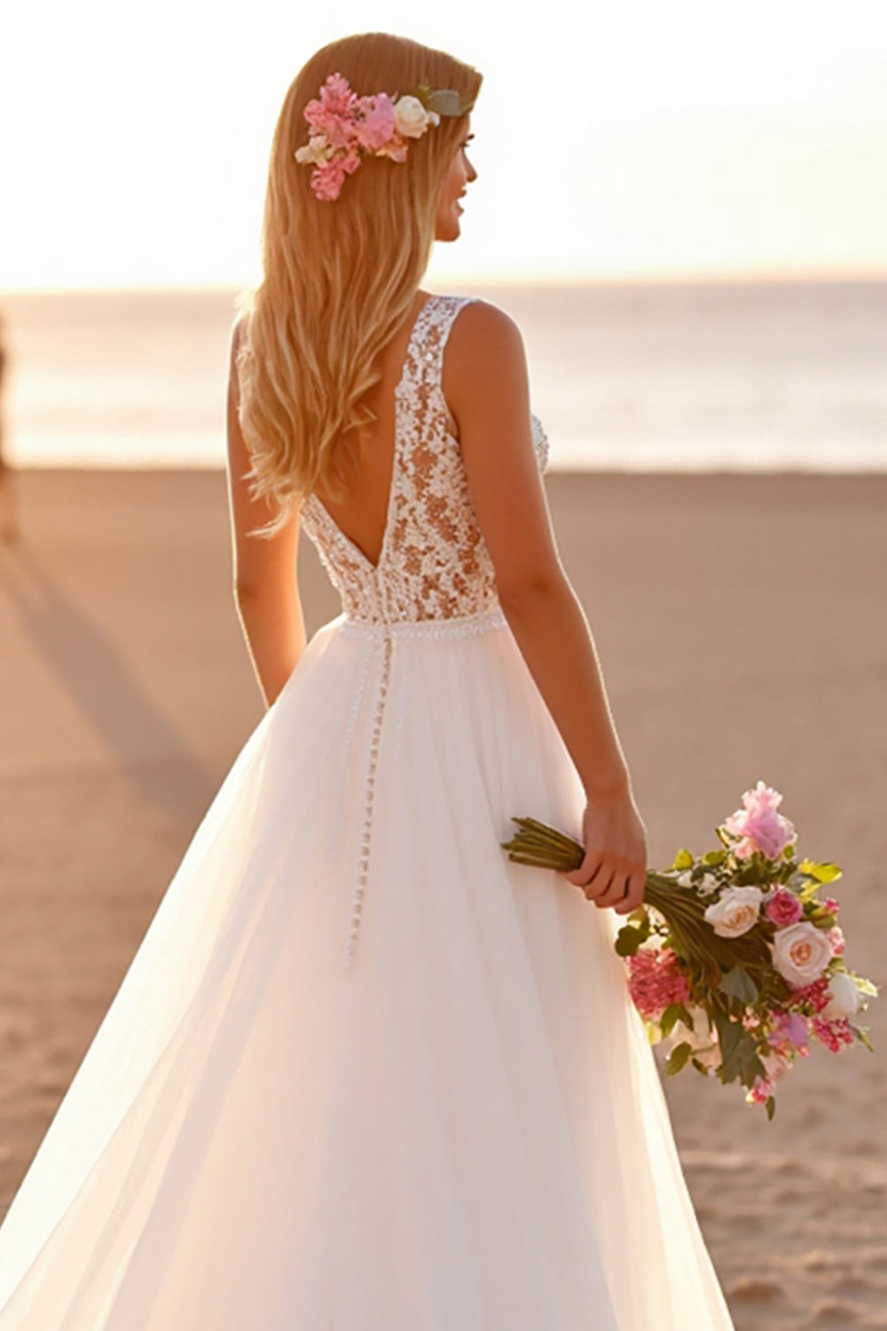 Chiffon White Boho Sweep Train Wedding Dress with Lace