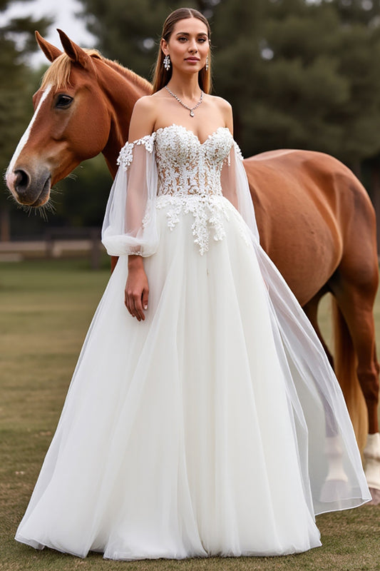 Tulle Latern Sleeves White Ball Gown Wedding Dress with Appliques