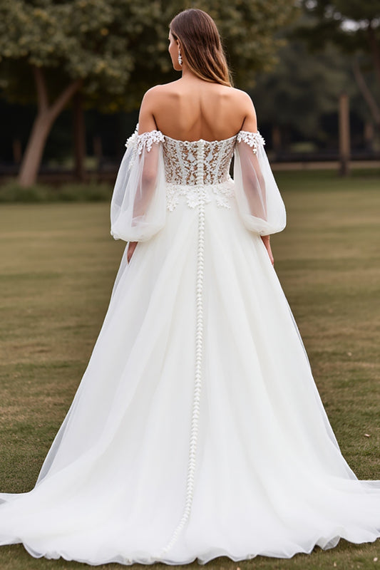 Tulle Latern Sleeves White Ball Gown Wedding Dress with Appliques