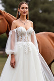Tulle Latern Sleeves White Ball Gown Wedding Dress with Appliques