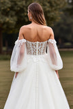 Tulle Latern Sleeves White Ball Gown Wedding Dress with Appliques