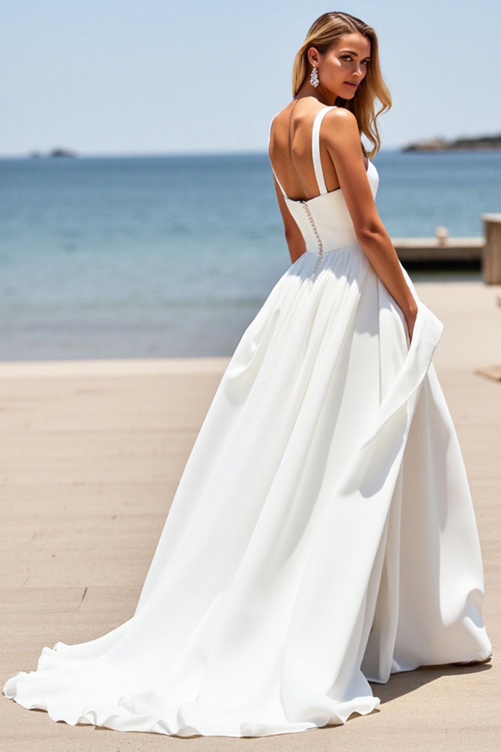 Square Neck Satin White A Line Boho Sweep Train Wedding Dress