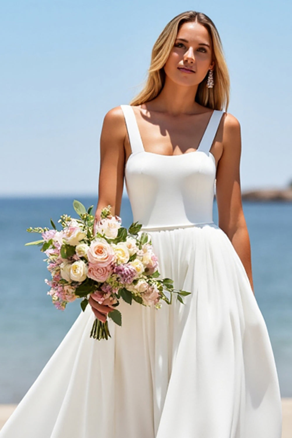 Square Neck Satin White A Line Boho Sweep Train Wedding Dress