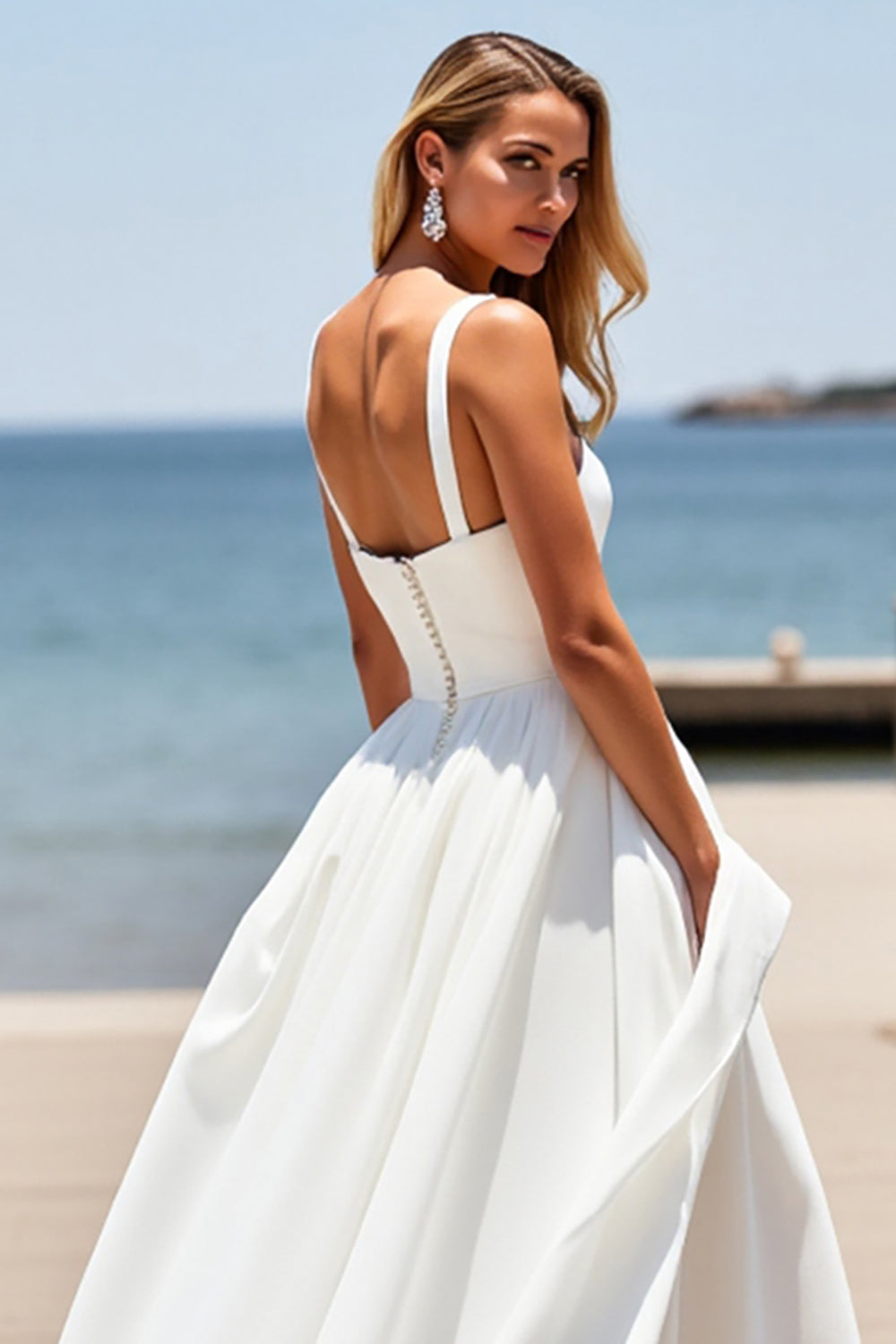 Square Neck Satin White A Line Boho Sweep Train Wedding Dress