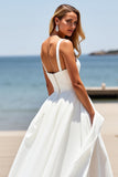 Square Neck Satin White A Line Boho Sweep Train Wedding Dress