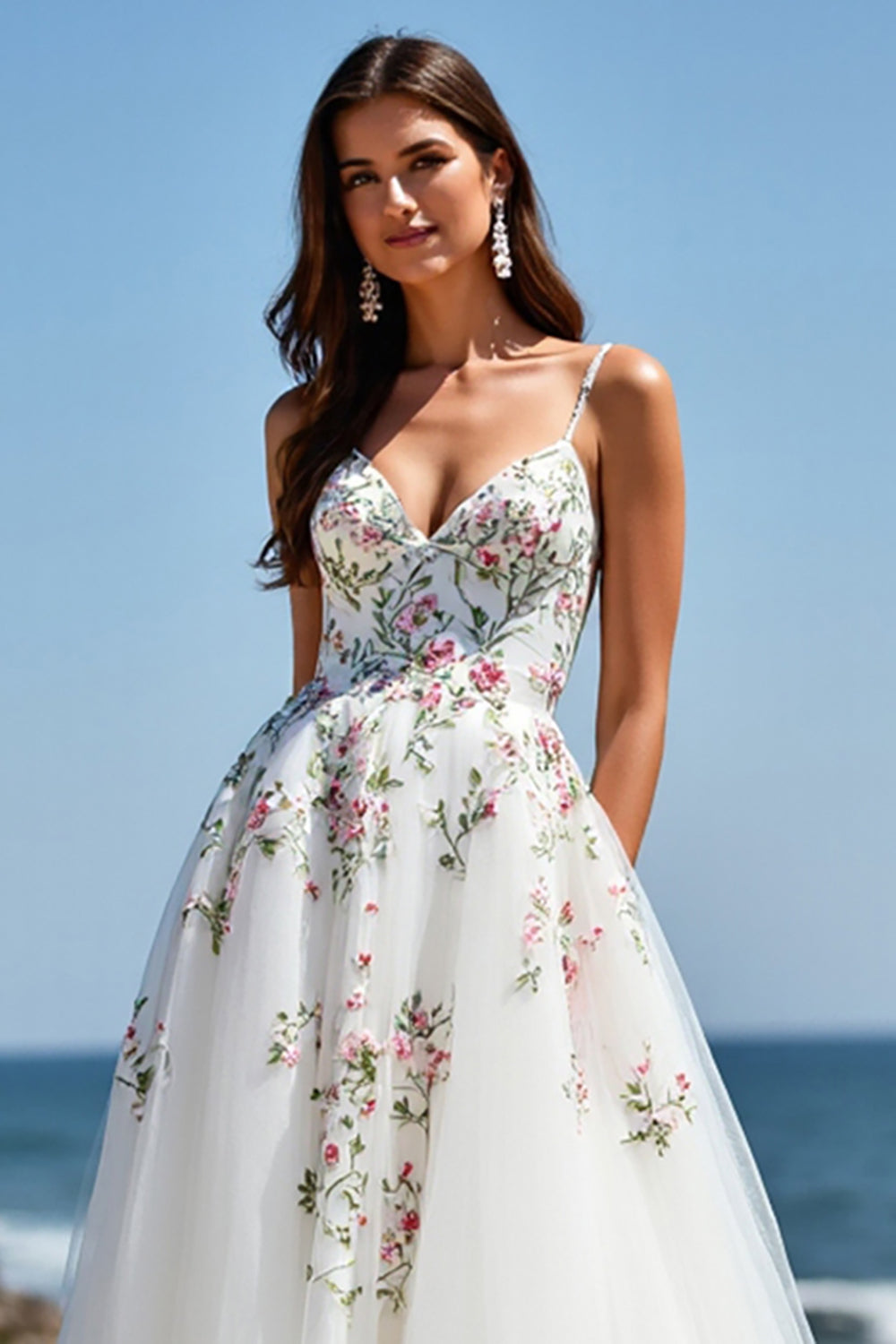 Tulle White Ball Gown Floral Sweep Train Wedding Dress