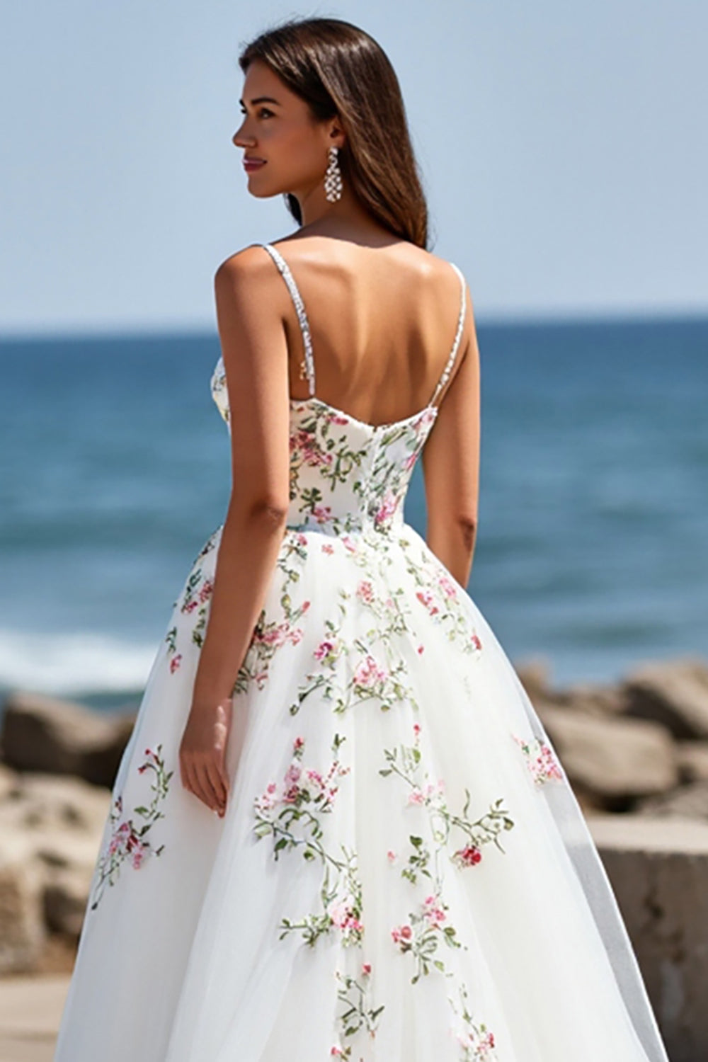 Tulle White Ball Gown Floral Sweep Train Wedding Dress