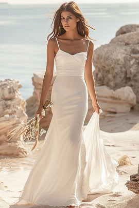 Satin Mermaid White Boho Sweep Train Wedding Dress