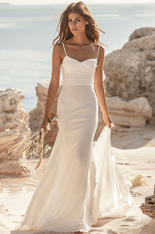 Satin Mermaid White Boho Sweep Train Wedding Dress