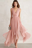 Blush A Line V-Neck Asymmetrical Prom Dress with Pleats