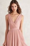Blush A Line V-Neck Asymmetrical Prom Dress with Pleats