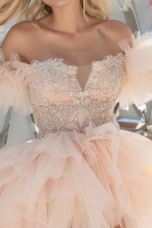 Sparkly Light Pink Organza Short Tiered Homecoming Dress with Appliques