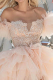Sparkly Light Pink Organza Short Tiered Homecoming Dress with Appliques
