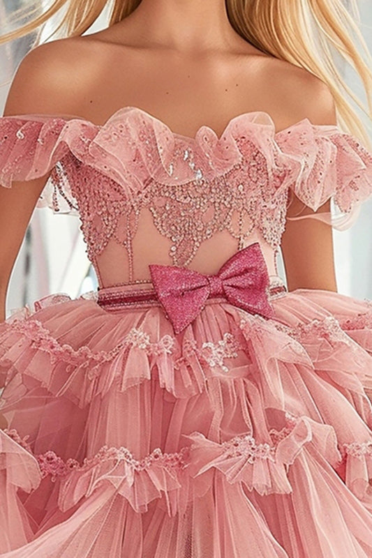 Blush Organza A Line Short Ruffled Homecoming Dress with Appliques