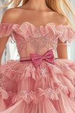 Blush Organza A Line Short Ruffled Homecoming Dress with Appliques