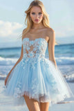 Sky Blue Tulle A Line Strapless Short Hmecoming Dress with Lace