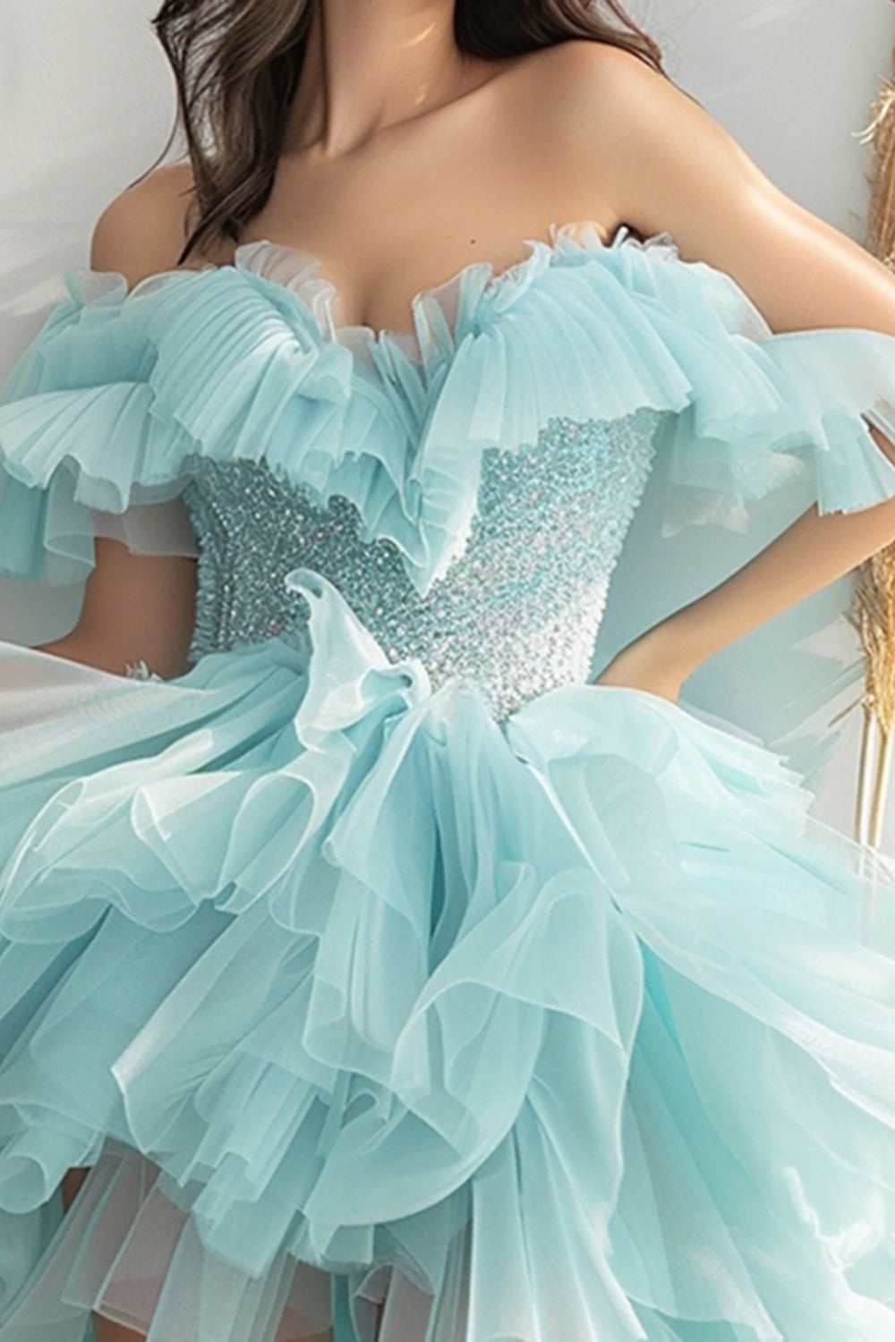 Sparkly Light Green Organza Short Tiered Homecoming Dress