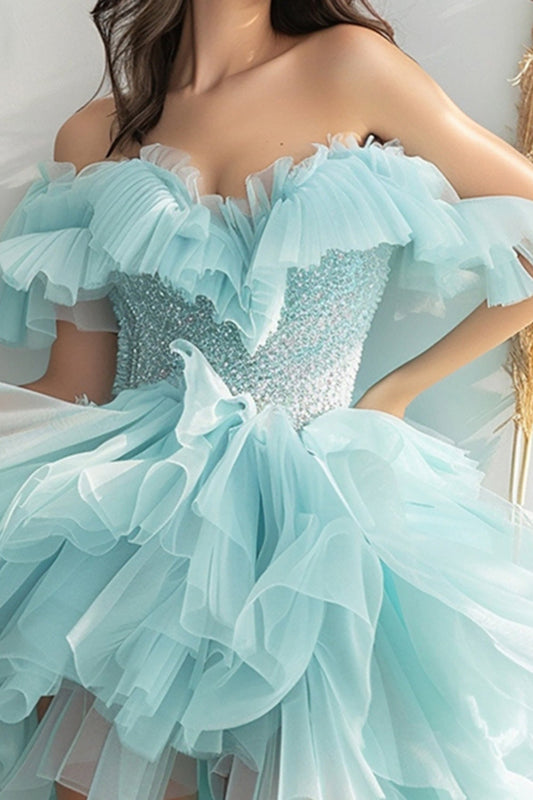 Sparkly Light Green Organza Short Tiered Homecoming Dress