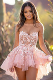 Blush Tulle Strapless Short Homecoming Dress with Lace